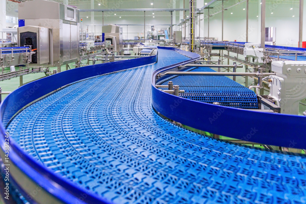 Empty conveyor belt of production line, part of industrial equipment